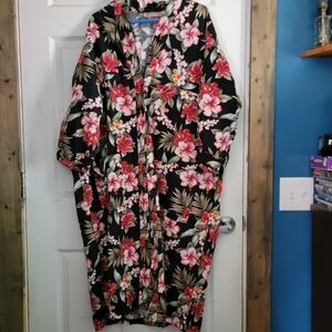 Vintage Island Traditions Hawaiian Print Cover Up Black Robe Buttons Added OS